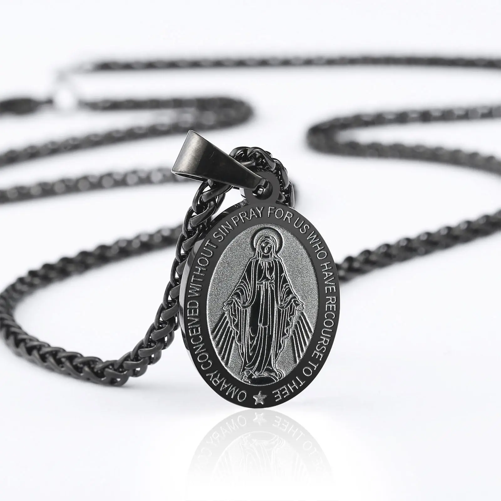 Miraculous Medal Virgin Mary Stainless Steel Necklace - Mother of God Pendant Chain Jewelry for Fathers, Male Gifters Expressing Your Love on Anniversary, Birthday
