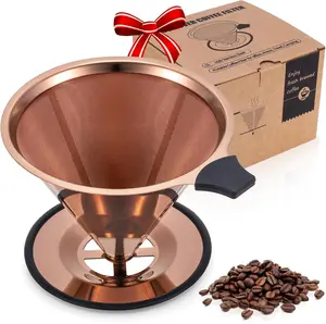 【2.0 Upgraded】 Pour over Coffee Dripper, Stainless Steel Drip Cone Brewer, Reusable Metal Coffee Strainer with Non-Slip Ring & Handle, Paperless Pour over Coffee Maker (2.0 Titanium Copper) INSINTAR