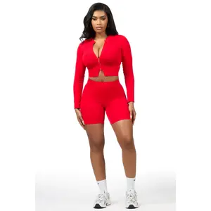 Candree Red Zip Up Active Bike Short Set