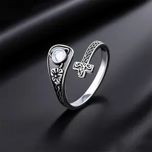 Celestial Viking Ring – Moonstone & Celtic Cross Adjustable Band