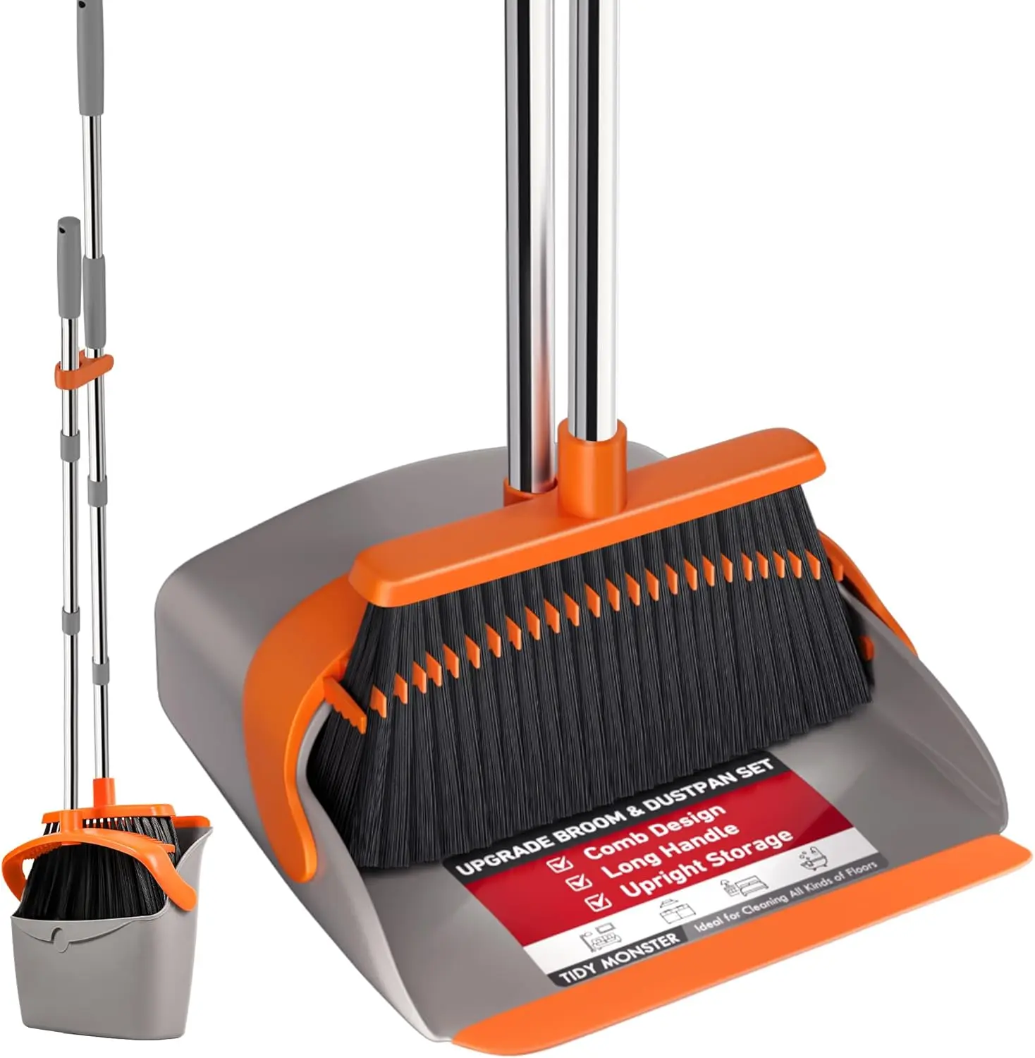 Broom with Dustpan Combo Set, Large Upright Brooms and Dust Pans with 52" Long Handle, Self-Cleaning with Dustpan Teeth. Perfect for Indoor Outdoor.