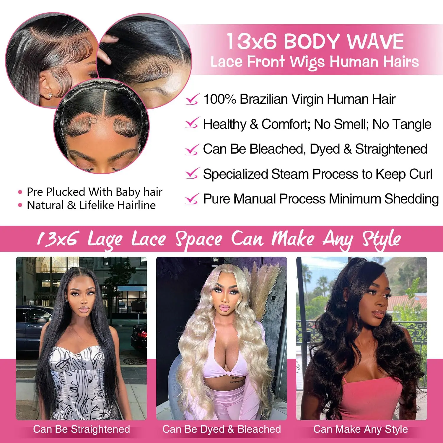 13x6 Lace Front Wigs Human Hair 180% Density Body Wave HD 