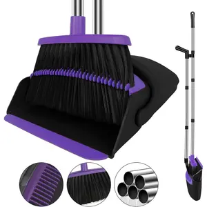 Broom with Dustpan Combo Set, 51" Household Dustpans and Broom, Standing Dust Pan Set for Home, Purple Cleaning Set for Kitchen Lobby Indoor Outdoor