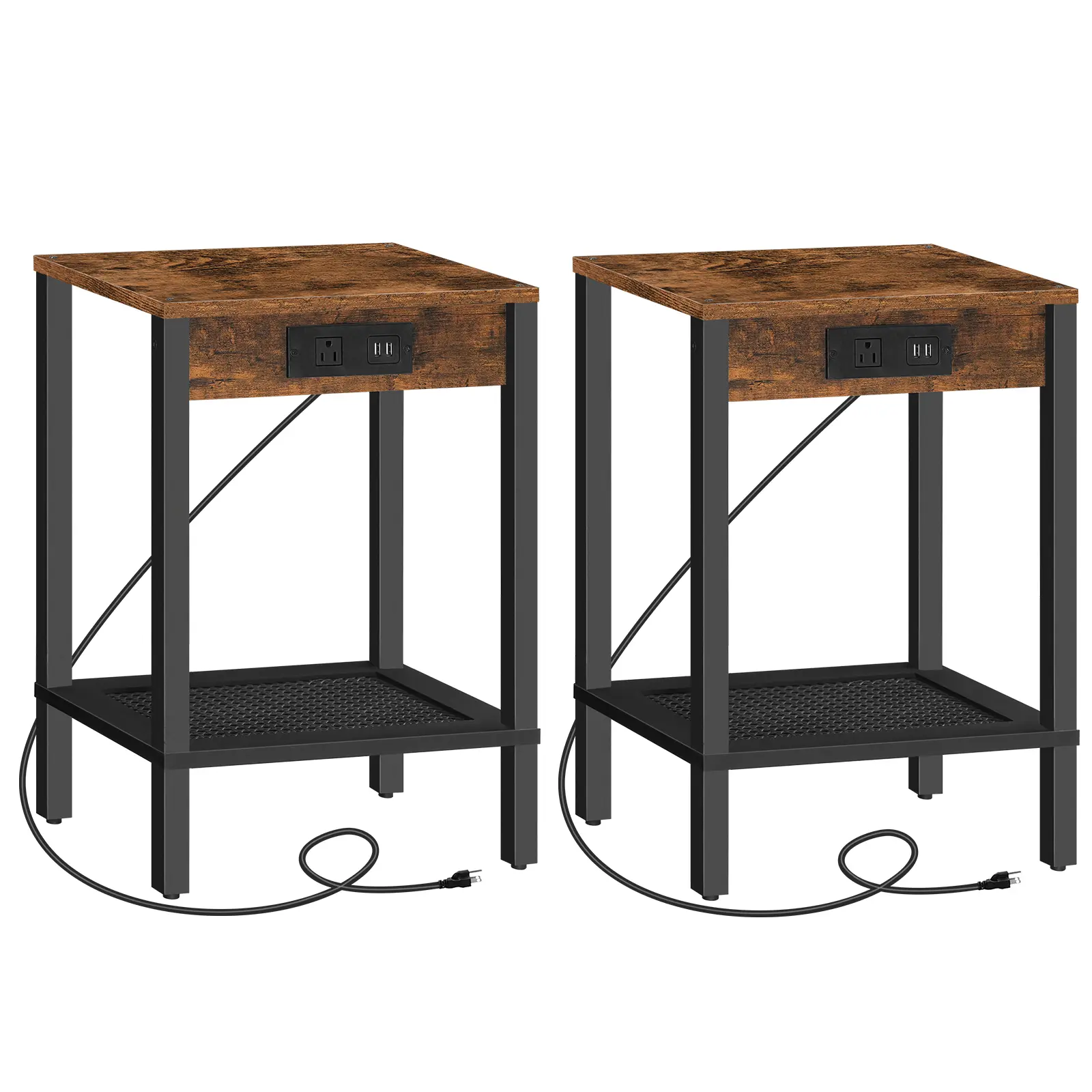 HOOBRO Side Table for Living Room Bedroom, Set of 2 End Tables with USB Ports and Outlet, Nightstand with 2-Tier Storage Shelf, Rustic Brown and Black#springtok