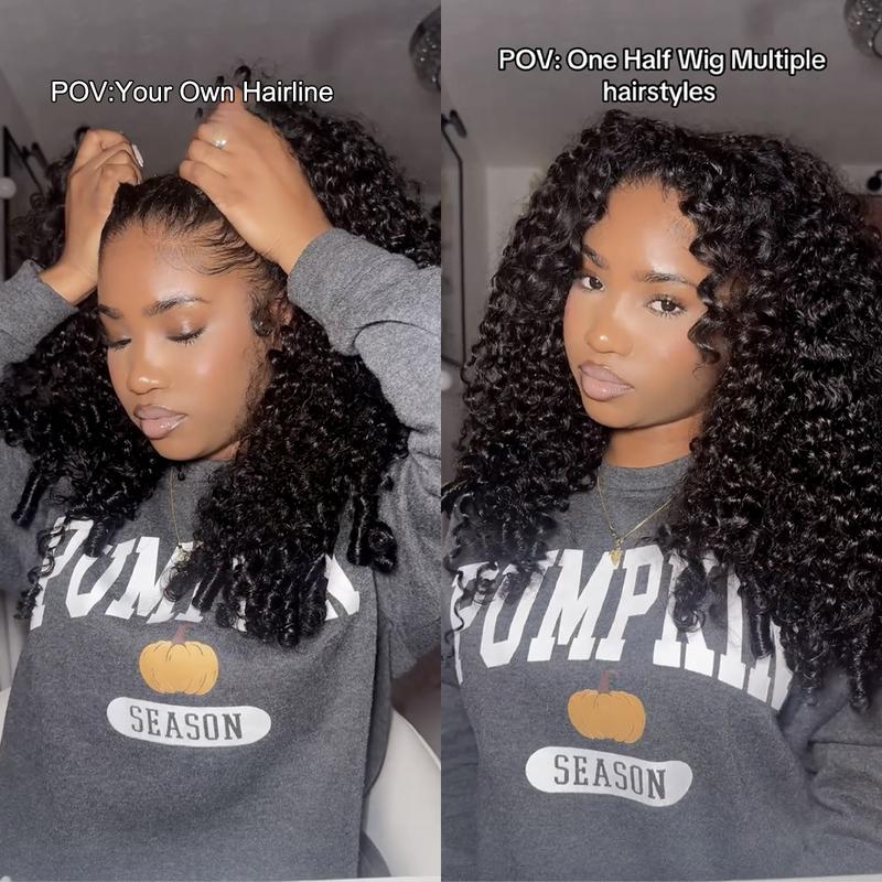 Burmese Curly Wear Go 3 In 1 Half Wig Glueless Human Hair Wig With Drawstring 220% Density Invisi Fit Strap Flip Over Wig For Beginners