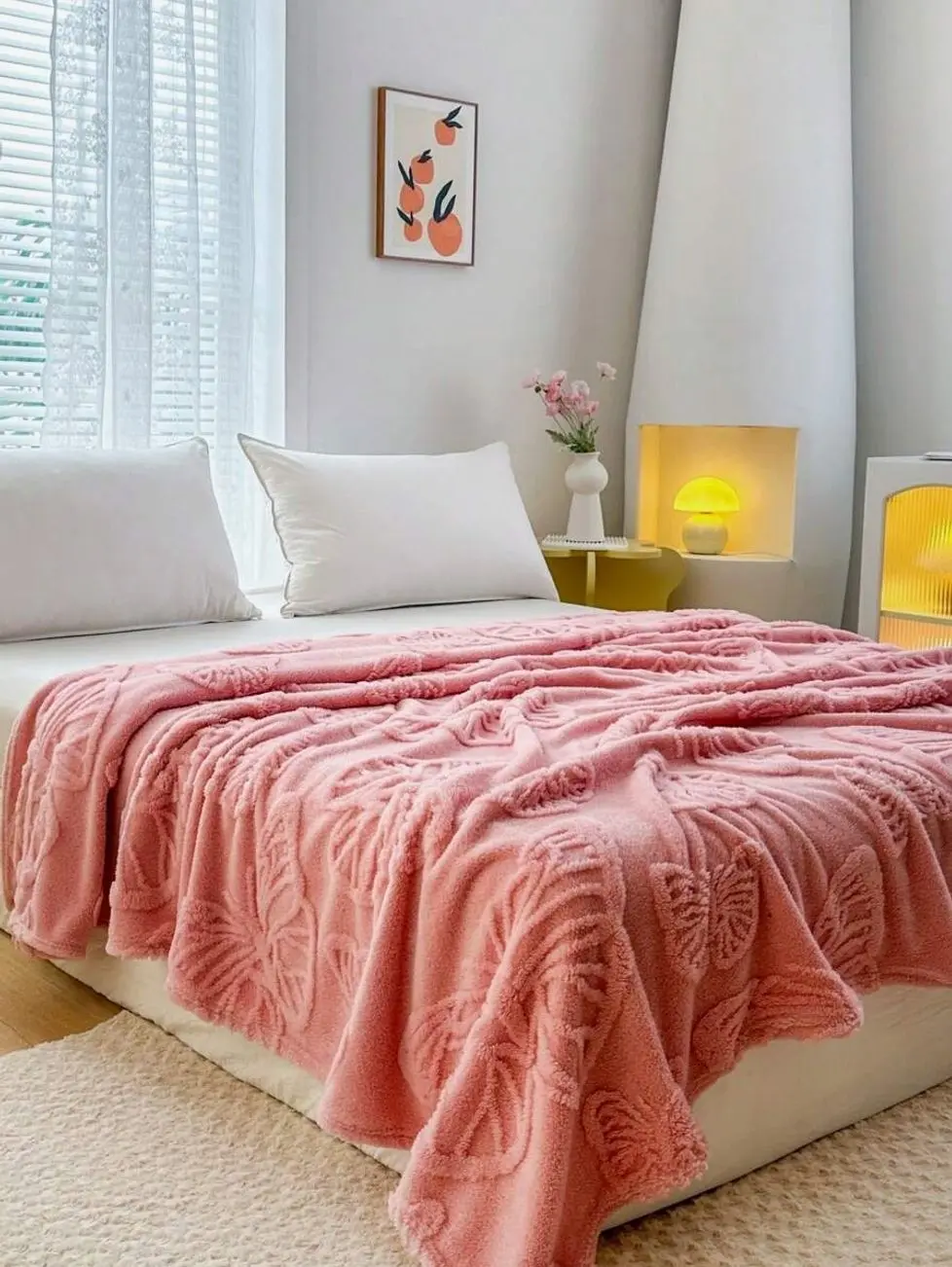 Boho Butterfly Jacquard Fleece Blanket, Thick Soft Warm Reversible Throw, Long Pile Lamb Fleece Bed Blanket for Bedroom Sofa Dorm Travel