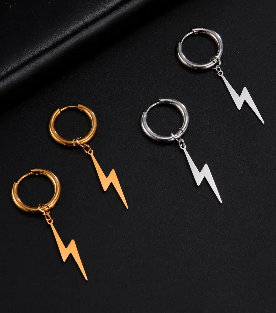 Quality Stainless Steel Super Lightning Bolt Pendant Hoop Earrings