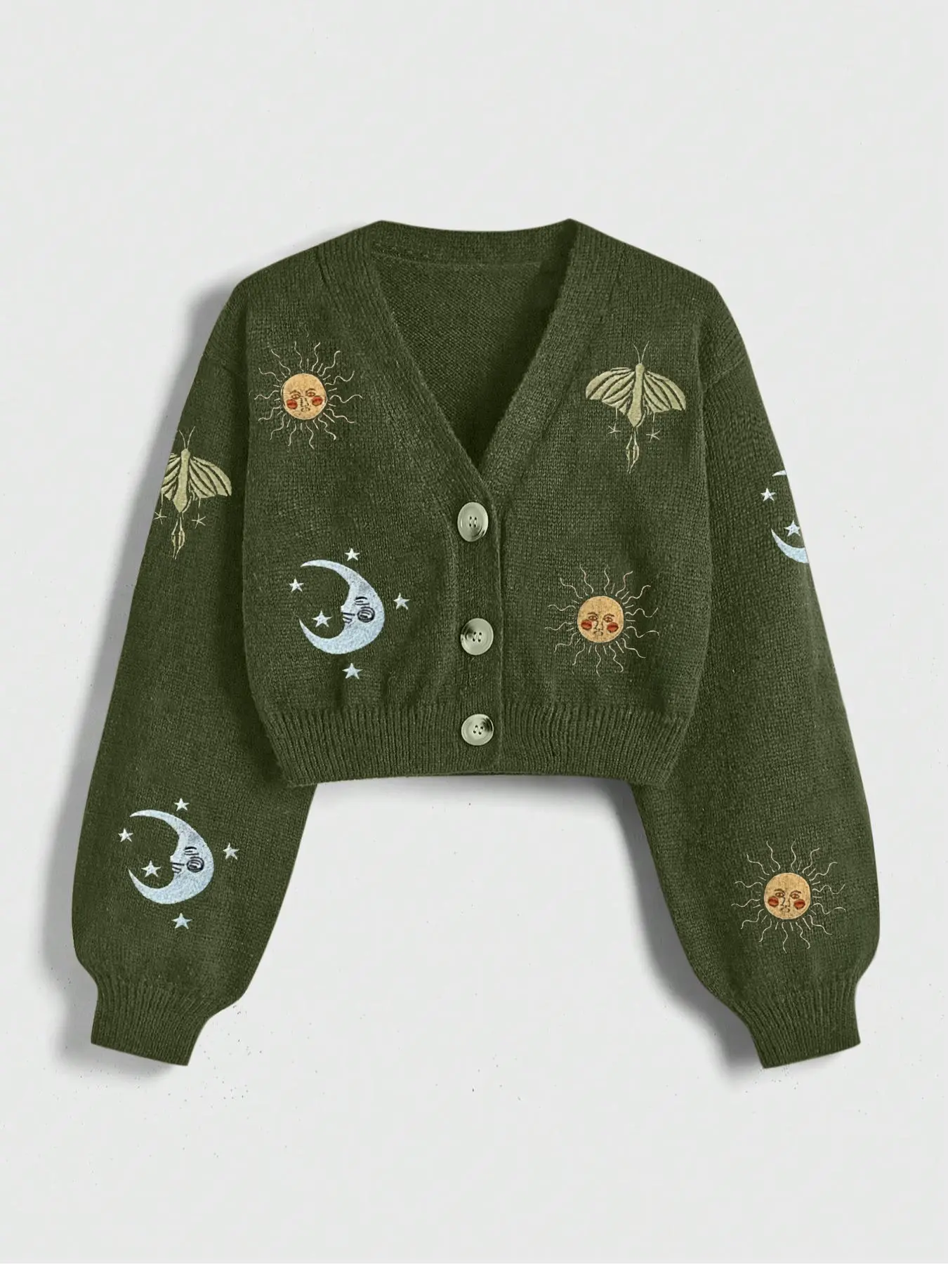 Women's Casual Elegant Knit Cardigan Sweater with Sun Moon Insect Embroidery Button Front Comfortable Warm Outerwear for Travel Commuting Fashion Elegance sweaters for women cardigan for women Womenswear Knitwear