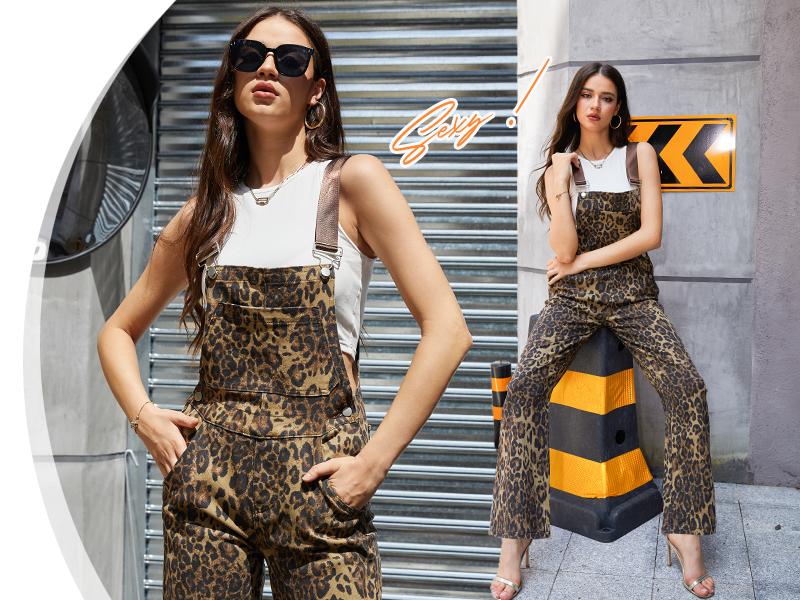 Zhangyan Valentine's Gifts Leopard Print Overalls for Women Stretch Denim Loose Fit Bib Coveralls Cheetah Spring Fall Winter Outfits Y2K Fashion Animal Sleeveless Jumpsuits Straight Leg Pants Mom Wife Womenswear Rompers