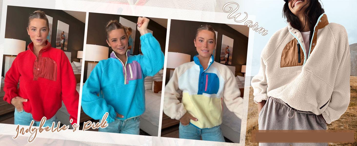 SCUSTY Women's Lightweight Fleece Pullover Jacket Cropped Fall Winter Fuzzy Sherpa Jacket Half Snap Button Stand Collar with Pockets SCUSTY Women's Lightweight Fleece Pullover Jacket Cropped Fall Winter Fuzzy Sherpa Jacket Half Snap Button Stand Collar with Pockets
