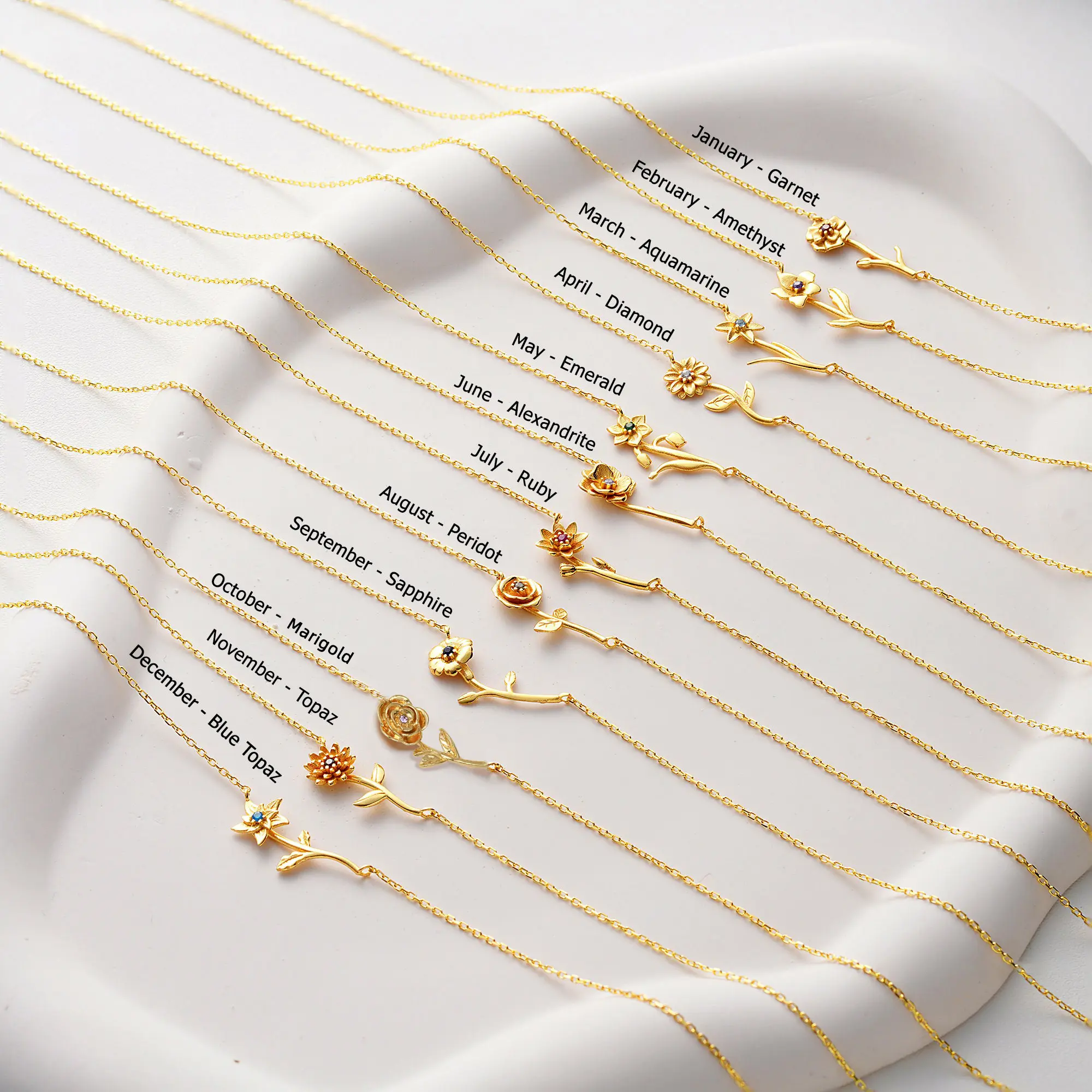 modmints Custom Horizontal Birth Flower Necklace - Personalized Gold Artificial Gemstone Jewelry, Cute Mothers Day Gift Ideas, Gifts for Women, Gold Necklace for Women Gold Chain Set