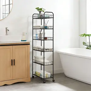 10-Inch Slim 6-Tier Rolling Utility Cart - Black Metal Storage Organizer for Kitchen, Bathroom