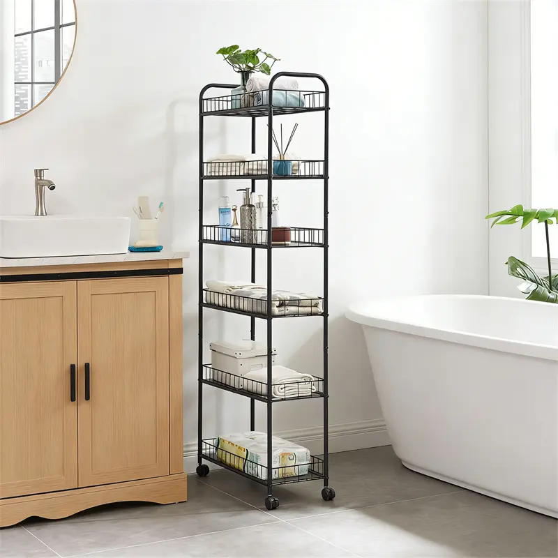 10-Inch Black Metal Slim 6-Tier Slide Rolling Utility Cart with Wheels - Adjustable Standing Shelf Storage Organizer, Pantry Organizer for Kitchen, Bathroom Racks