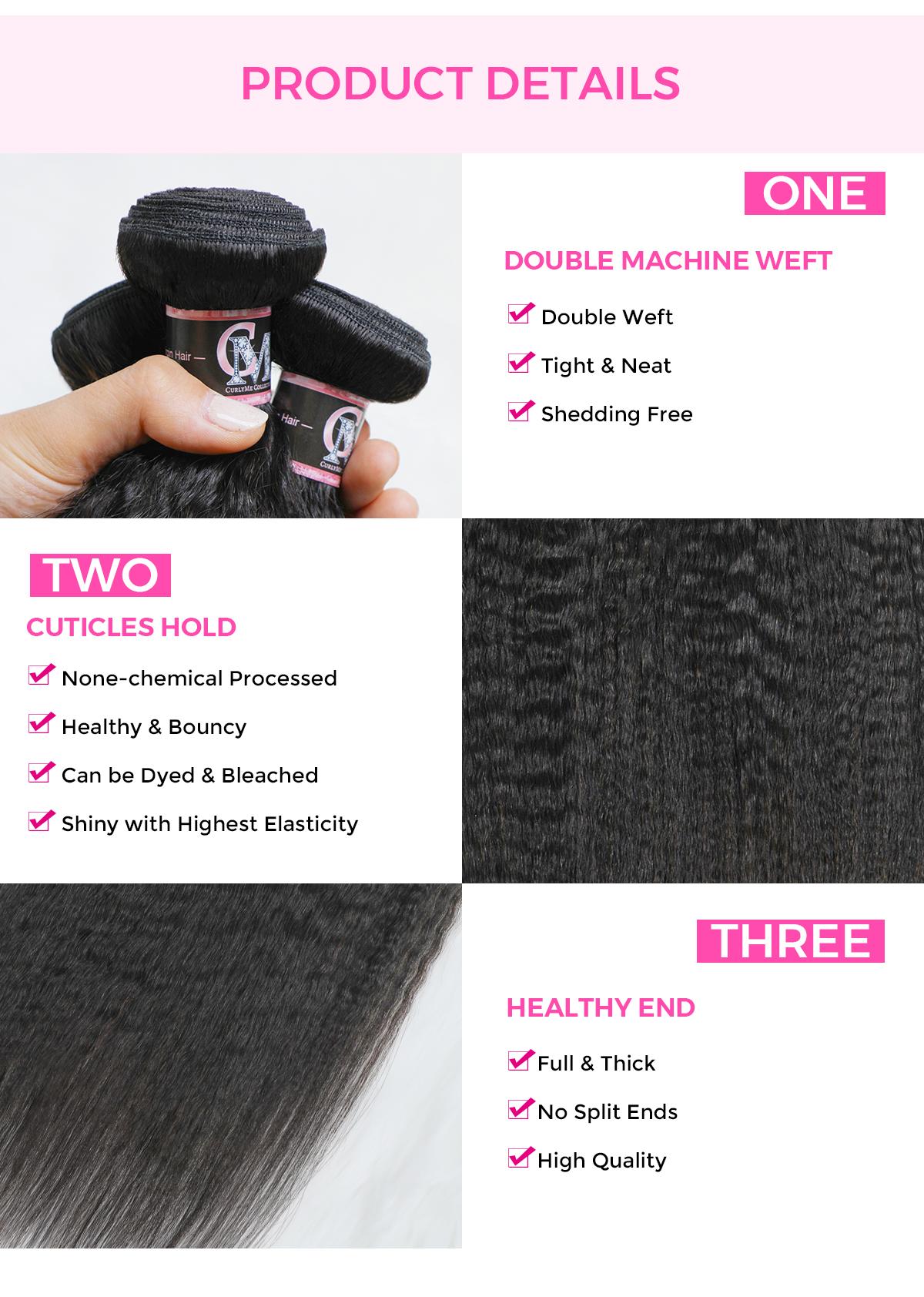 CurlyMe Natural Black 3/4Pcs Double Weft Virgin Human Hair Extensions Seamless & Invisible Edge For Quick Weave Soft And Healthy Traditional Sew in Extensions--Kinky Straight & Water Wave & Deep Wave