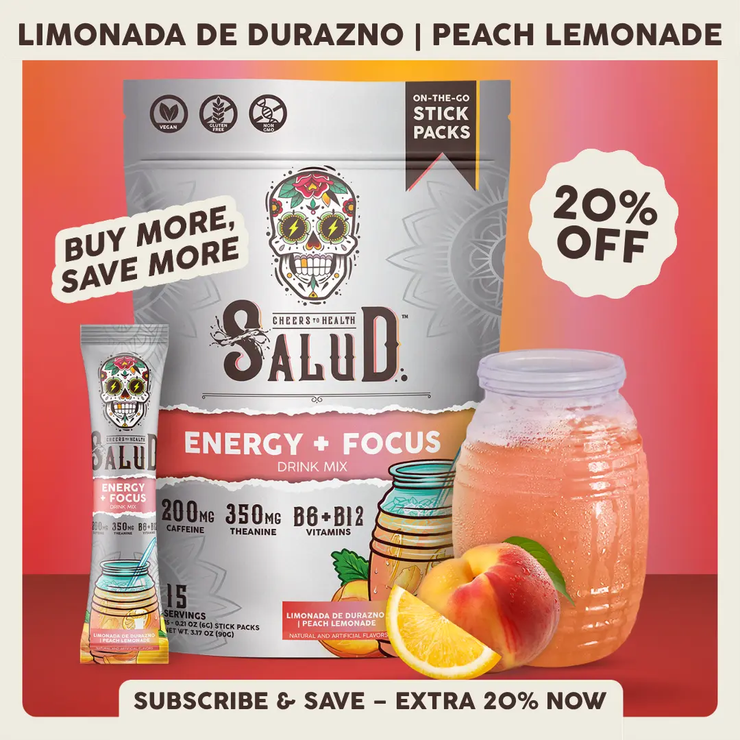 Salud 2-in-1 [Energy + Focus - Peach Lemonade] Clean Energy Drink Mix, Agua Fresca, Organic Caffeine, B6 & B12, L-Theanine, Drink Packets, Non-GMO, Gluten Free, Vegan, Low Calorie, 1g Sugar (15 Servings)