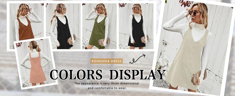 Wenrine Women's V Neck Corduroy Overall Dress Casual Loose Short Pinafore Dresses Cute Mini Jumper Dress