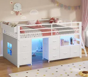 Sikaic Low Loft Bed Twin Size with 7 Storage Drawers, Bookcase and LED Lights, Metal Kids Loft Bed with 14" H Safety Guardrail, Inclined Ladder and Play Curtain, Under-Bed Play Space