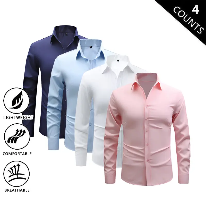 4-Pack Men’s Slim Fit Long Sleeve Dress Shirts – Solid Colors, Stretch, Breathable, Lightweight, Button-Down, Formal/Business Casual