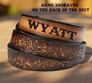 Name Western Eagle Leather Belt For Men Women, Personalized Cowboy Tooled Full Grain Leather Belt with Removable Buckle, Ranch Gift for Dad