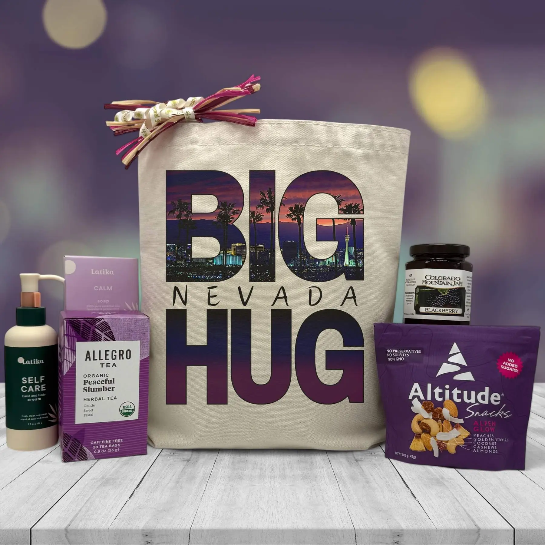 Itsonlynaturalgifts Big Nevada Hug Gift Basket Calming Self Care & Gourmet Items for Relaxation Comfort Hand Packed Tote Featuring Latika Oats Honey Lotion Celtic Decaf Tea & Personalized Message Card