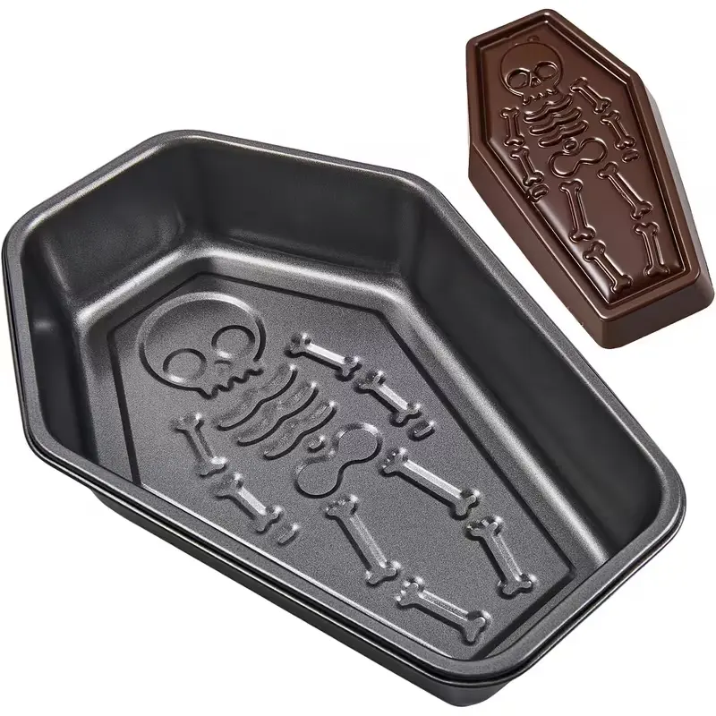 10-Inch Nonstick Food Grade Carbon Steel Coffin Skeleton Cake Tin - Durable Construction Gothic Bakeware Mold for Halloween, Themed Birthdays Desserts, Home Bakers, Cake Tins, Baking