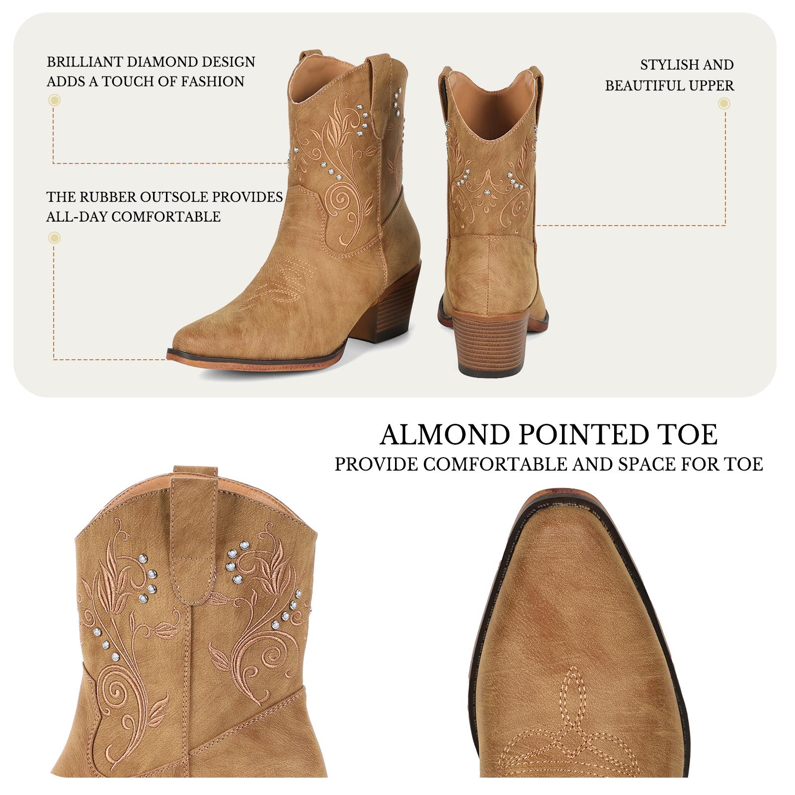 IUV Cowgirl Boots for Women Ankle Cowgirl Ankle Boots with  Almond Pointed Toe Classic Western Wide Boots Women Chunky Heel  Country Boots  for Comfortable Walking Shoes Classic Booties