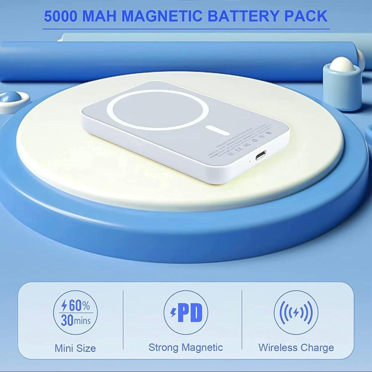 Magnetic Wireless Power Bank 5000mAh - Portable charger with Type-C cable, supports fast charging and Lightning input, compatible with iPhone 17/16/15/14/13/12 series - Rechargeable smartphone charging