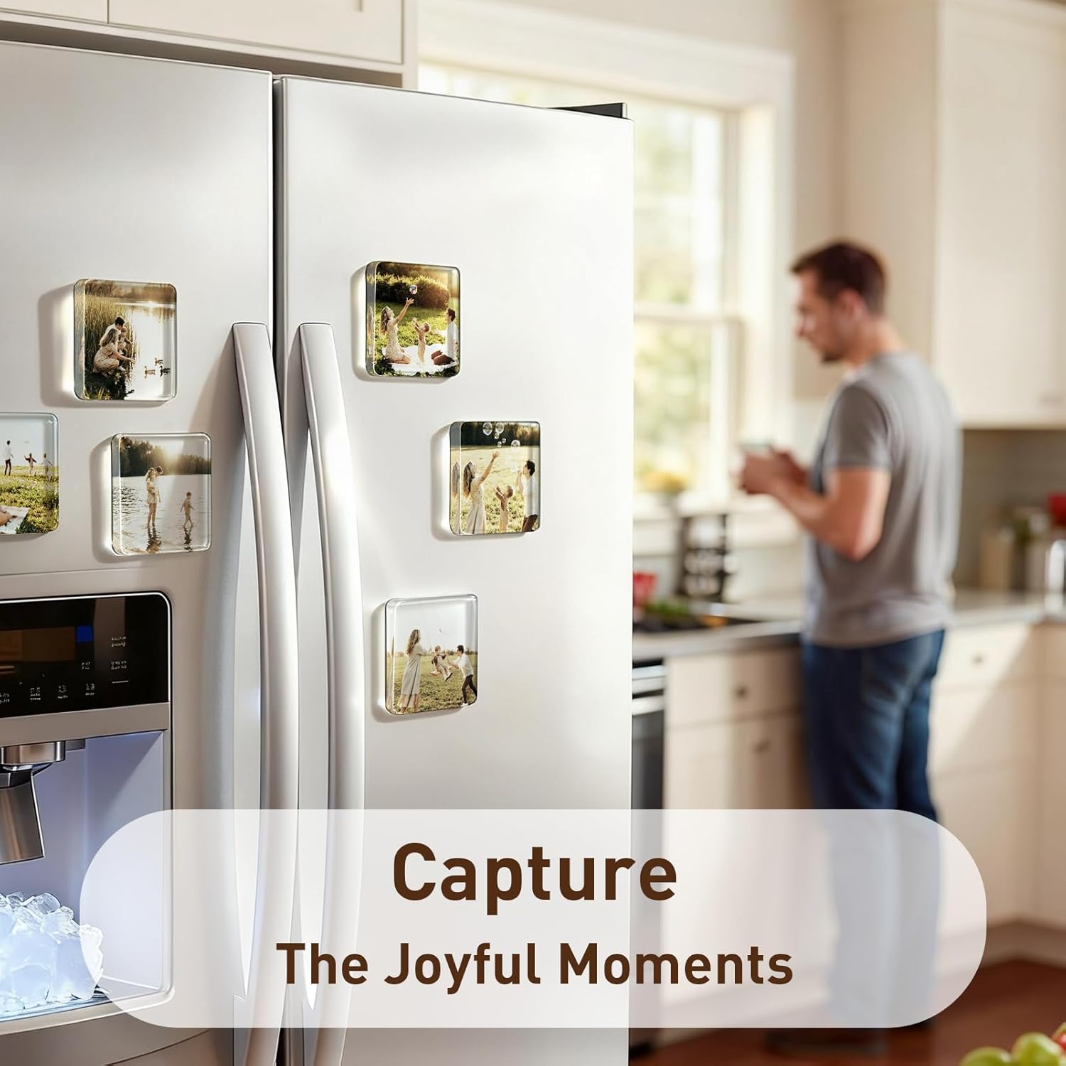 Personalized family photo magnets displayed on refrigerator