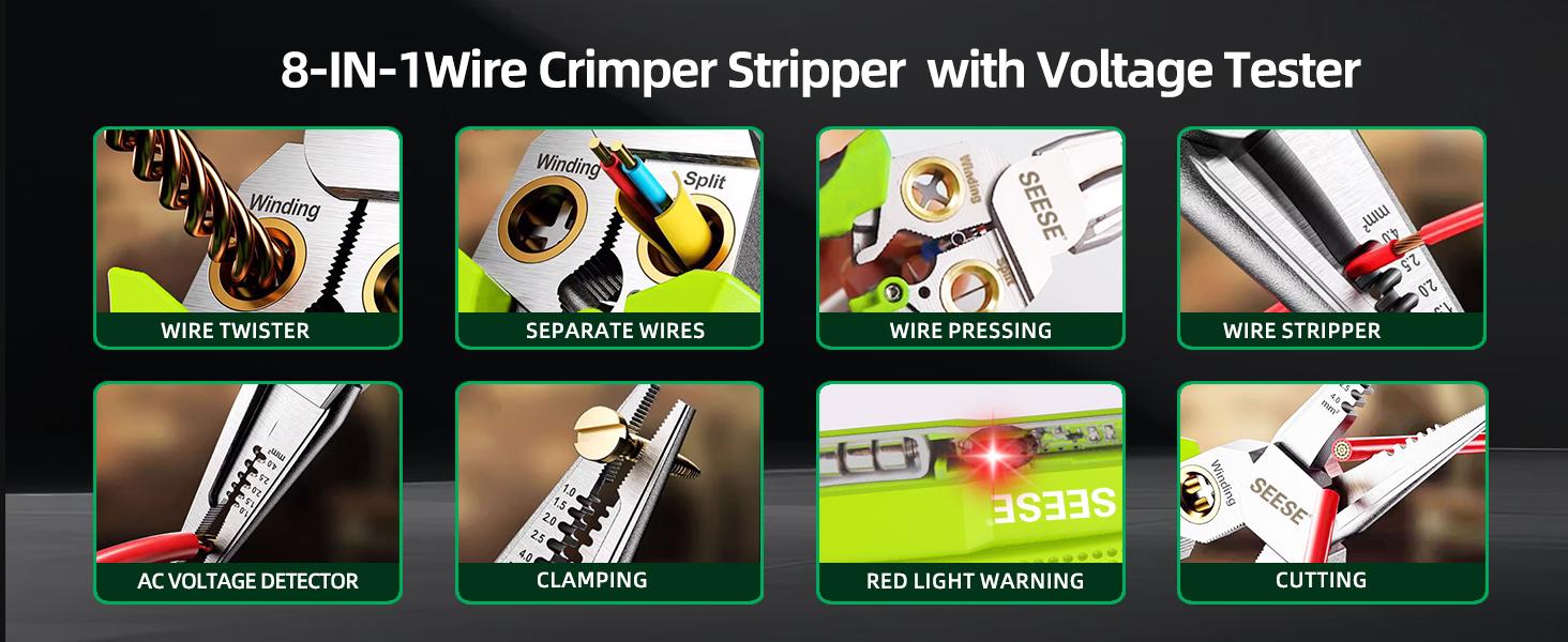 SEESE 8-in-1 Wire Stripper for Electrician, Needle Nose Pliers with Voltage Tester & Dual Alarms - Electrical Pliers for Cutting Wires, Pulling Wires and Crimp Wires