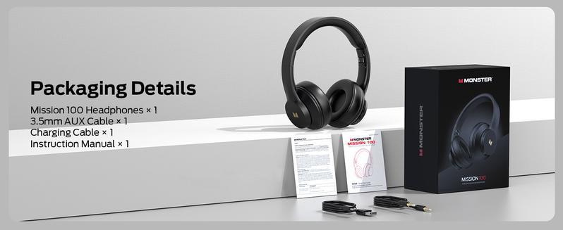 Monster Mission 100 Over-Ear Wireless Bluetooth Headphones – Deep Bass Stereo Sound, Clear Voice & Noise Cancelling Mic, Bluetooth 5.4 Foldable Headset with 40H Playtime, Comfortable Over-Ear Design for Travel, Work, PC, Laptop & Phone