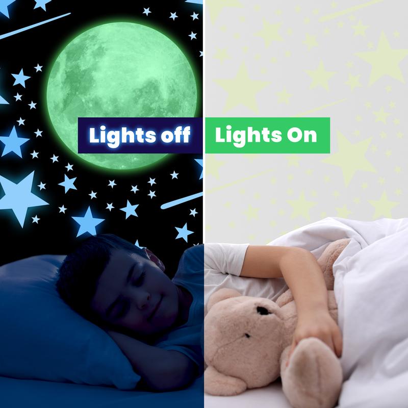 Glow-in-the-Dark Stars and Moon Wall Decals – Fluorescent Ceiling Star Stickers, Self-Adhesive 3D Luminous Plastic Night Sky Decorations for Kids Bedroom, Baby Room & Home Décor