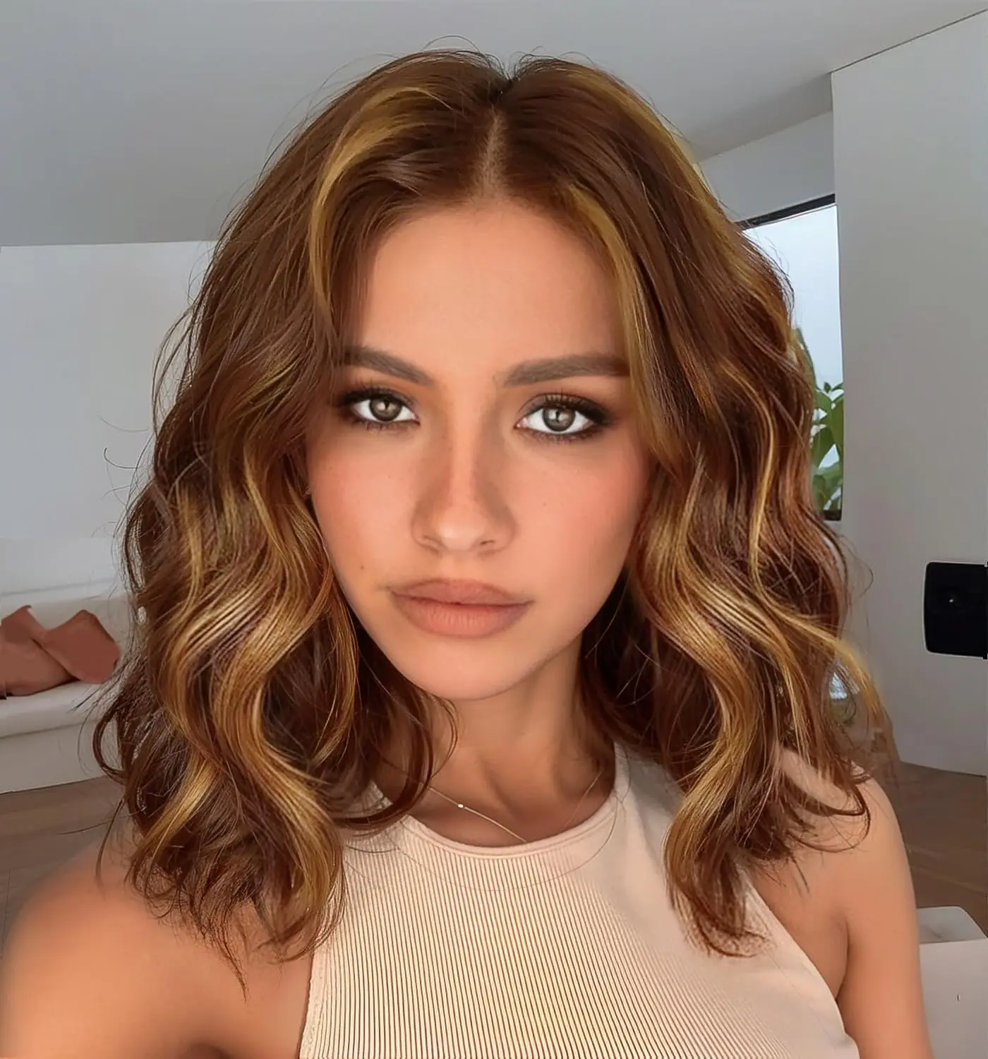 NAYASA 13*4 Lace Front Wigs for Women Brown Highlight Short Wavy Wig for Women14Inch Honey Blonde Curly Wavy Wigs Middle Part Lace Front Natural Hairline Bob Wigs Synthetic Heat Resistant Fiber Wig for Daily Party Use