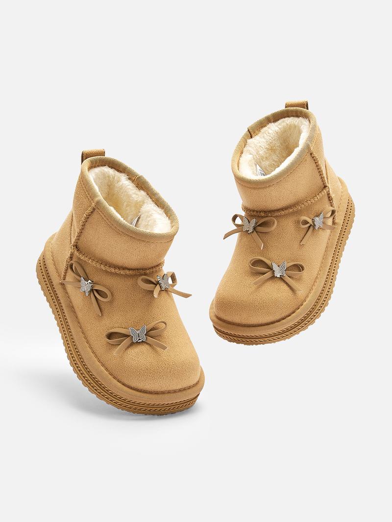 Balabala Girls' Fleece-Lined Suede Snow Boots - Warm Waterproof Anti-Slip Winter Short Boots with Bow Decoration & Anti-Bacterial Technology