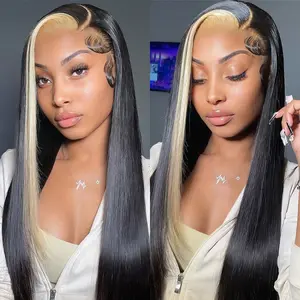 OQ HAIR 613 Blonde and Black Skunk Stripe Color Wig Straight Full Human Hair 13x4 Lace Front Wig Human Hair