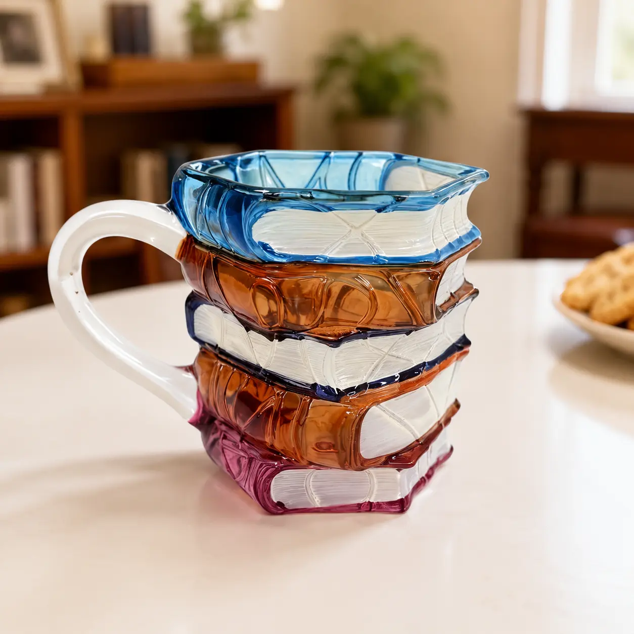 Innovative 3D Ceramic Book Mug, Unique Stacked Books Coffee Cup, Colorful Novelty Tea Cup, Gift for Book Lovers, Readers, Birthday and Christmas, Reusable Drinkware