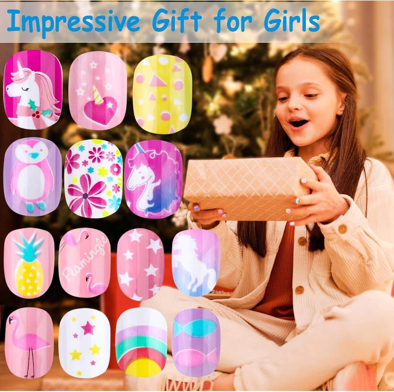 144 Pieces Press on Nails Grils, Thrilez Children Fake Artificial False Nail Tips Pre Glue Full Cover Short Acrylic Nails for Girls Kids Nail Art Decoration (Rainbow Sky)