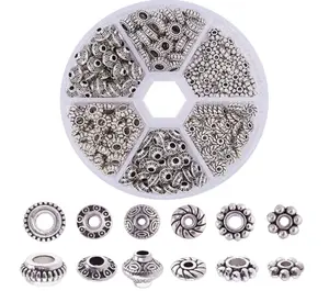 300pcs 6 Style Antique Silver Spacer Beads, Tibetan Metal Alloy Tube Spacers Flower Flat Rondelle Small Loose Beads for Bracelet Necklace Earring Jewelry Making Supplies