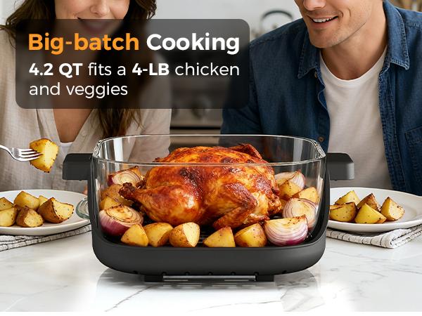 4-in-1 Portable Glass Air Fryer - 1500W, 4.2QT & 1.6QT Dual Glass Containers with Lids, Non-Toxic, 400°F Precise Heat, Max Crisp | Bake | Air Fry | Recrisp, Microwave, Freezer & Dishwasher Safe