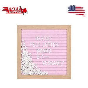 Felt Letter Board with Wooden Frame Wall Mount Hook, 294 Letters, Numbers & Symbols - 10 x 10 inch Changeable Message, Pink & Wood
