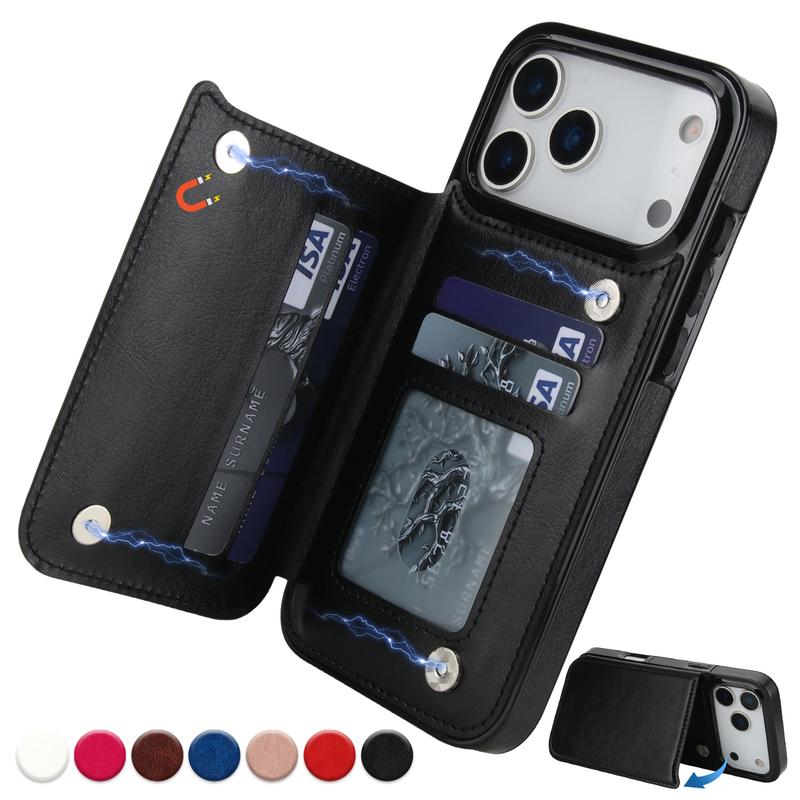 OREKROY Wallet Case with Card Holder For iPhone 16 17 15 14 13 12 Pro Max ,PU Leather Kickstand Card Slots Case Double Magnetic Clasp and Durable Shockproof Phone Cover Back Card Wallet