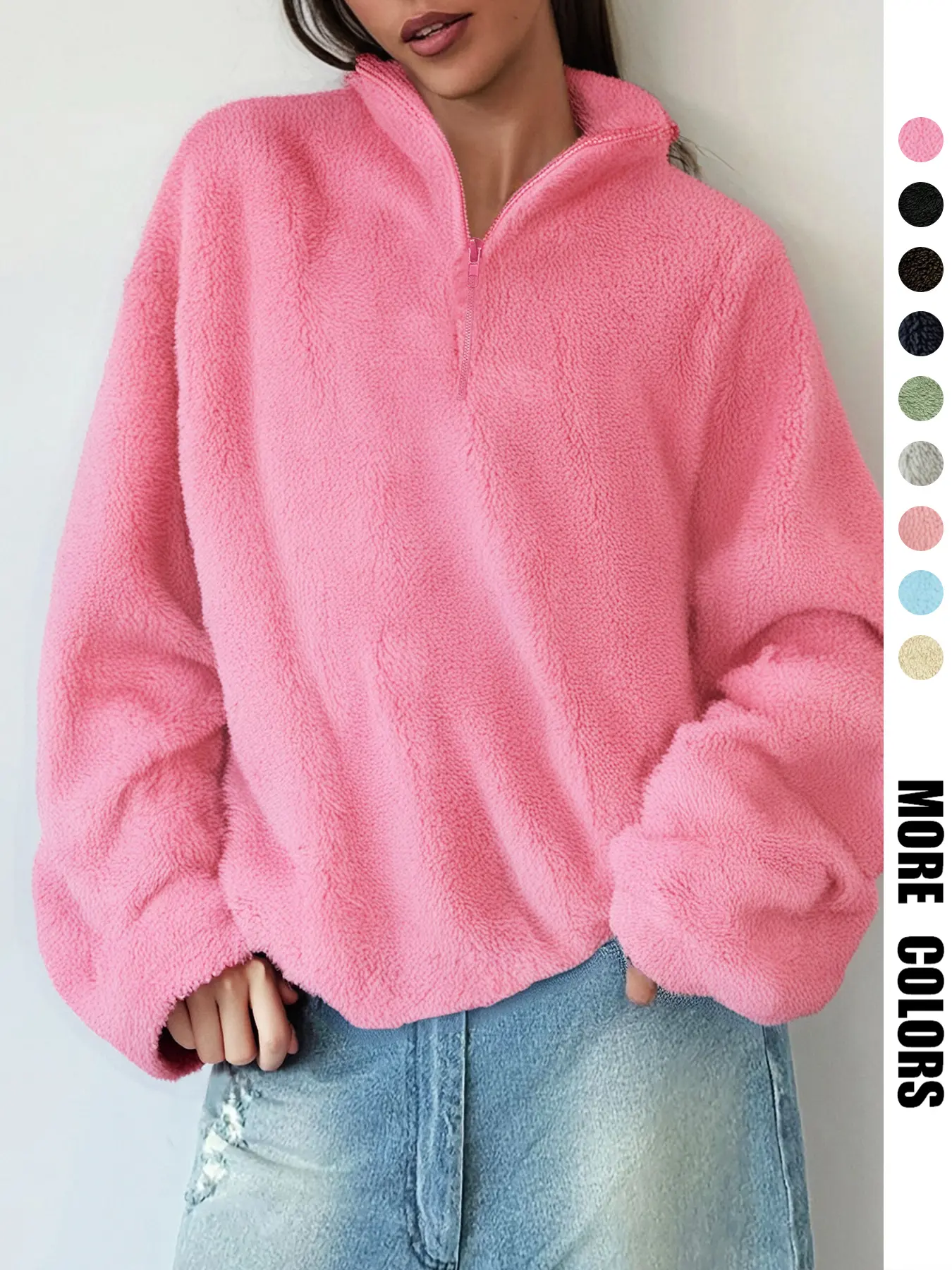 Women's Fall Winter Half-Zip Fleece Sweater, Casual Loose-Fitting Knit Fabric, Warm Windproof, Perfect for Home or Outdoor Commuting
