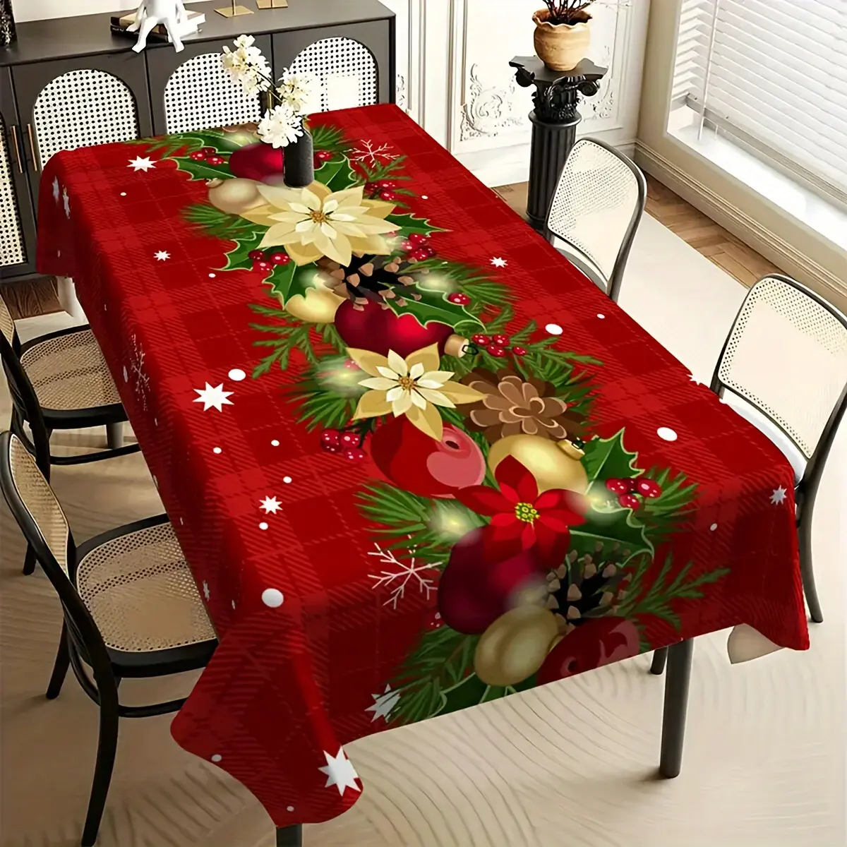 1pc Red and White Plaid Christmas Decorative Printed Foldable and Easy-to-Store Tablecloth, Suitable for Kitchen, Dining Room, Holidays, Parties, Easy to Clean and Durable Rectangular Tabletop Decoration, Party Tablecloth, Modern Dining Tablecloth