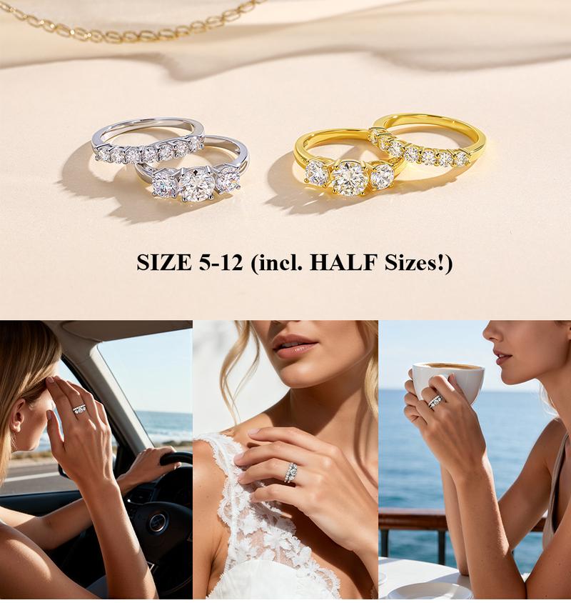 CICI GEMS Moissanite Rings for Women 1CT Trilogy Wedding Set D VVS1 3 Stones Stackable Band 18K Gold Plated Lab-Created Hypoallergenic Engagement Promise Anniversary Gift Fine Jewelry R2