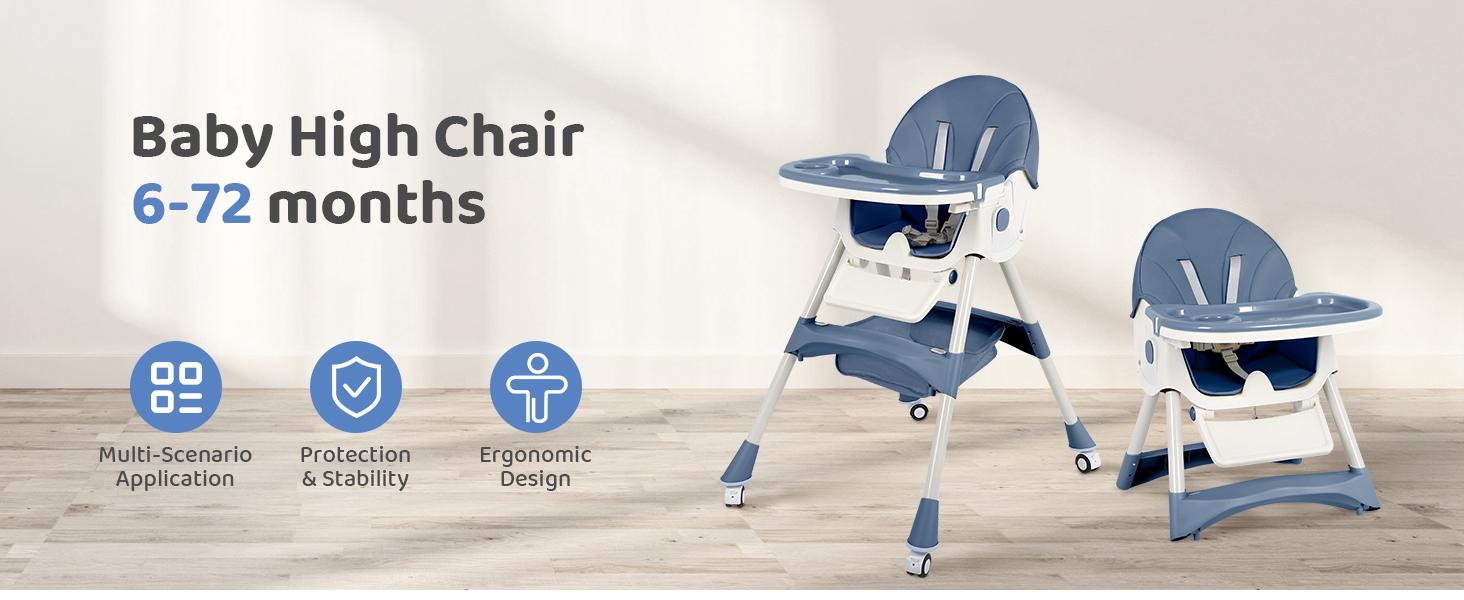 (With Wheels)High Chair For Children's,Multifunctional 3 in 1 Adjustable High Chair with Removable 3-Position Adjustable Tray, Stability Structure & 3-Point Safety Harness,Dining Room Furniture