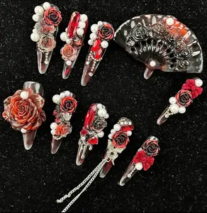 Press-On Nails with Red Roses and Pearls for Elegant Manicure