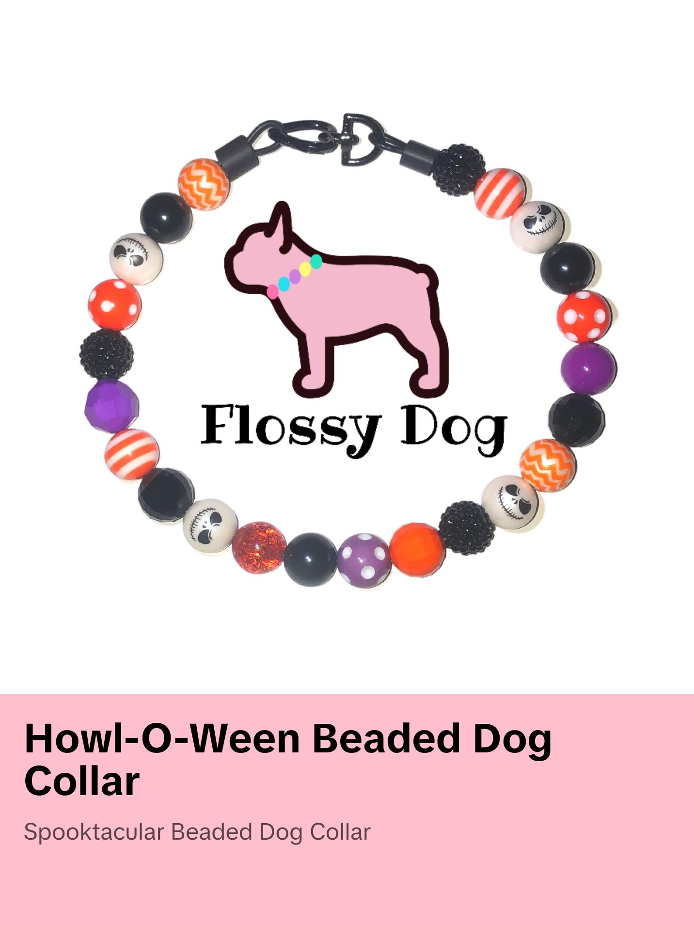 Howl-o-ween Beaded Dog Collar | Durable Dog Necklace | Orange, Black, White, Purple Jack Skellington Bead Collar | with Collar Charm