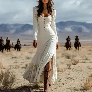 Daydreamer's Wardrobe Vintage Fall U Neck Button Pleated Long Dress Woman Fashion Solid Split Boho Dress Autumn Long Sleeve Slim Maxi Dress Casual Womenswear  Fit Bohemian Can be used with raincoat