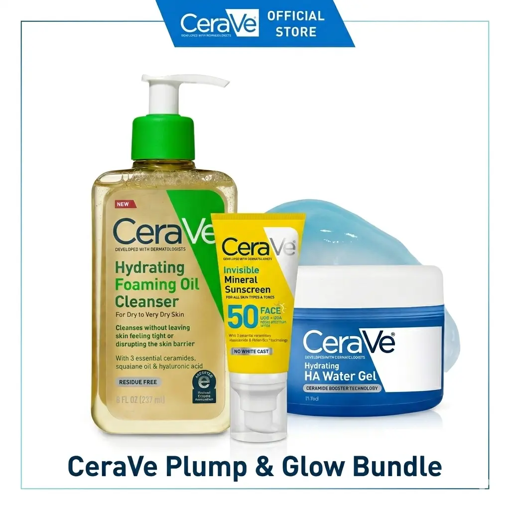 CeraVe Plump & Glow Bundle | Hydrating Foaming Oil Cleanser + HA Water Gel + Invisible Mineral Sunscreen SPF 50 | 3-Step Routine for All Skin Types summerwins