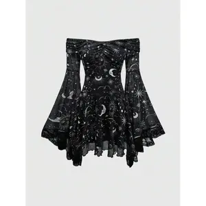 Goth Gothic Vintage Mysterious Star & Moon Pattern Mesh Full Print Off Shoulder Flare Sleeve Dress Can be used with a raincoat