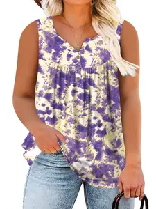 [Flash sale] Plus Size Tank Tops for Women Summer Cute V-Neck Sleeveless Henley Shirts Buttons Up Loose Fit Pleated Flowy Tunics 2071